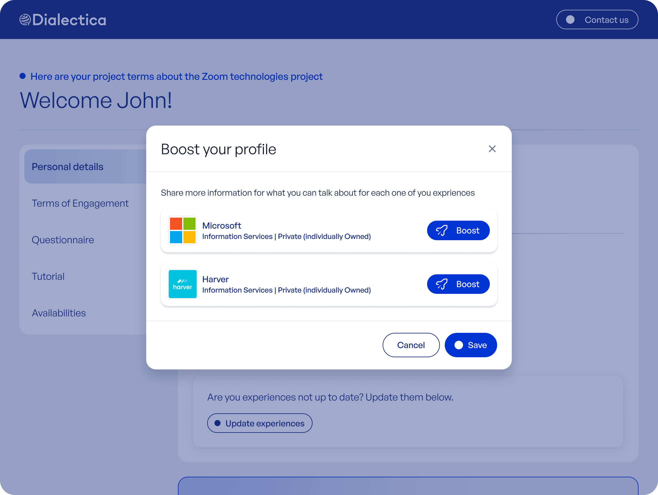 The same step with the Boost your profile modal open, listing each company with its own Boost button